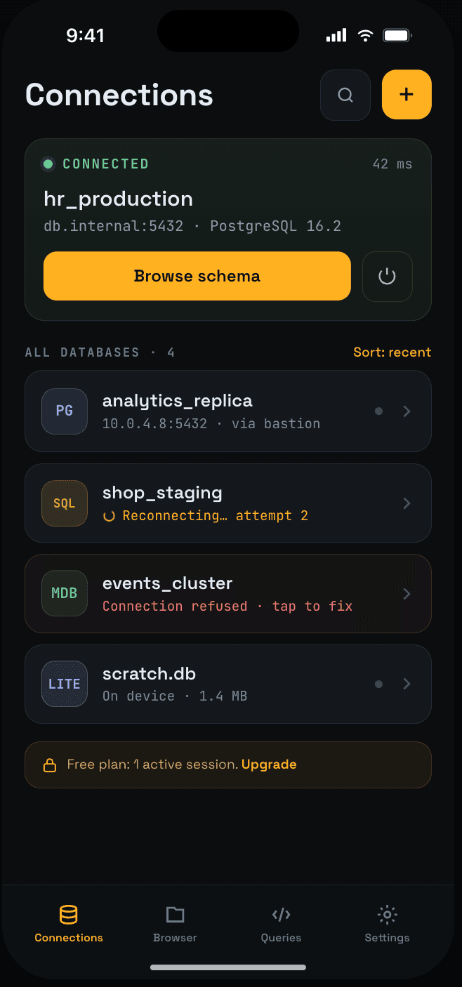 dbOrbit connections screen