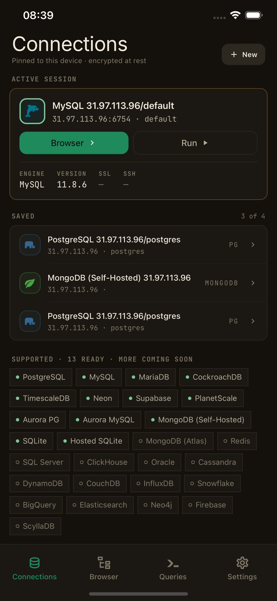 dbOrbit connections list screen